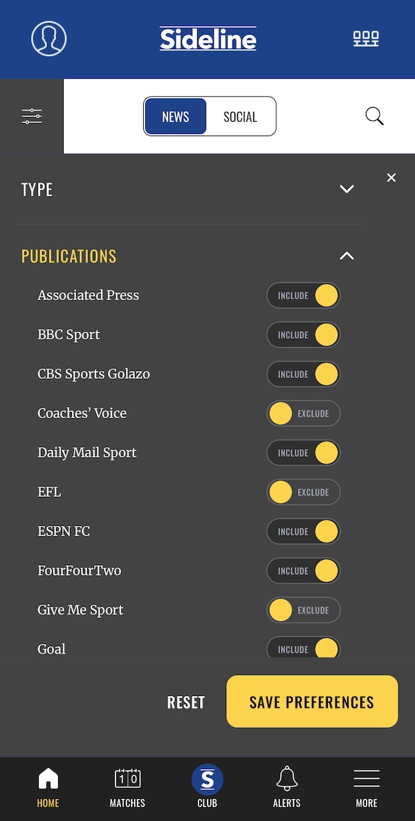 SideLine filter screen with content type options