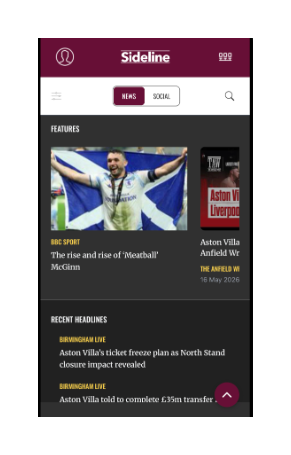 SideLine home feed with features and recent headlines