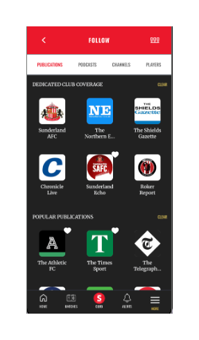 SideLine Follow screen showing dedicated club publications